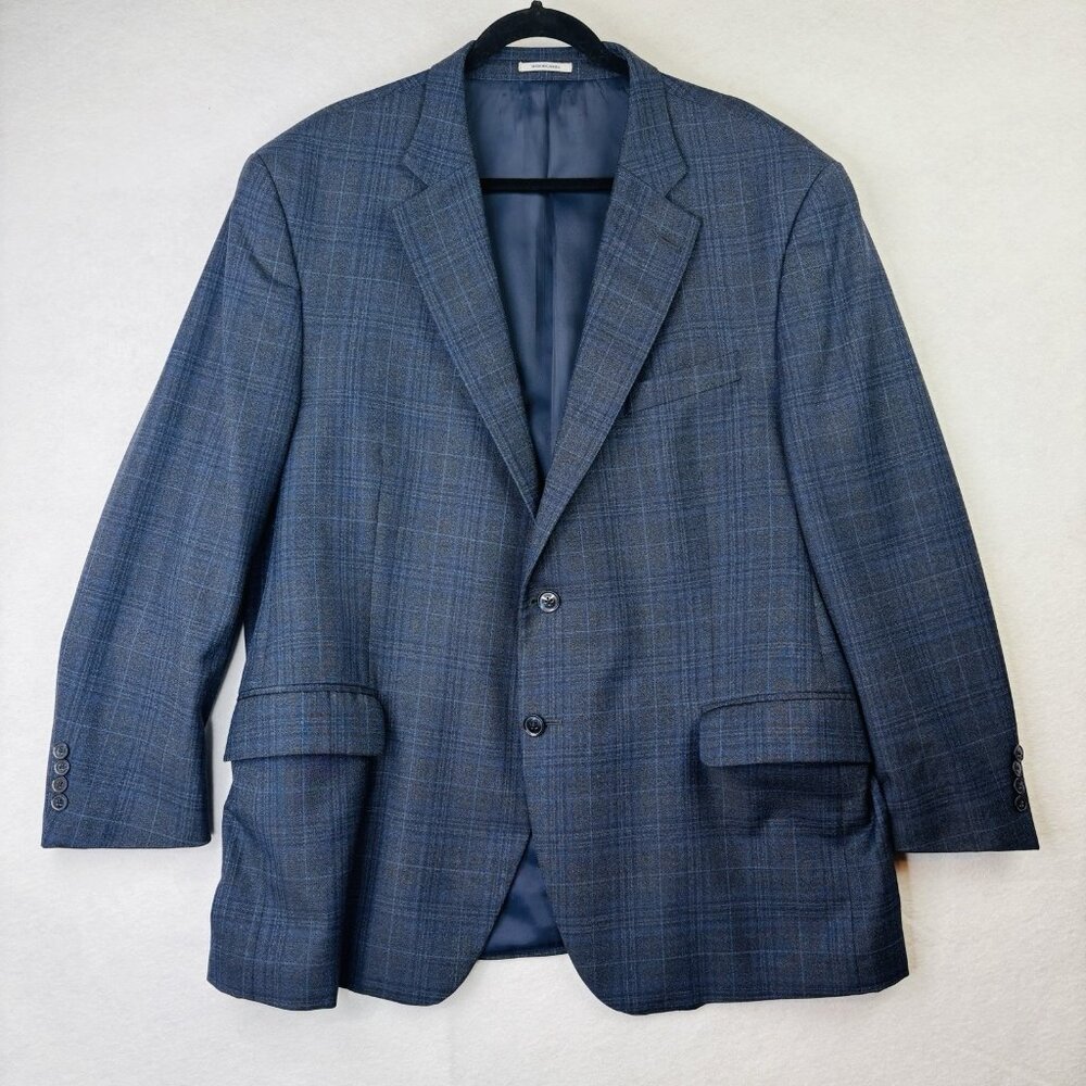 Peter Millar Suit Jacket Mens 48R Blue Gray Plaid 100% Wool 2 Button Blazer